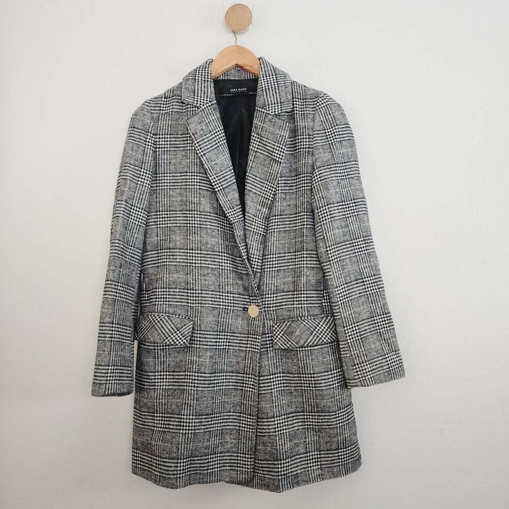 Zara Black Plaid Double Breasted Longline Blazer Wool Blend Coat Jacket XS 0